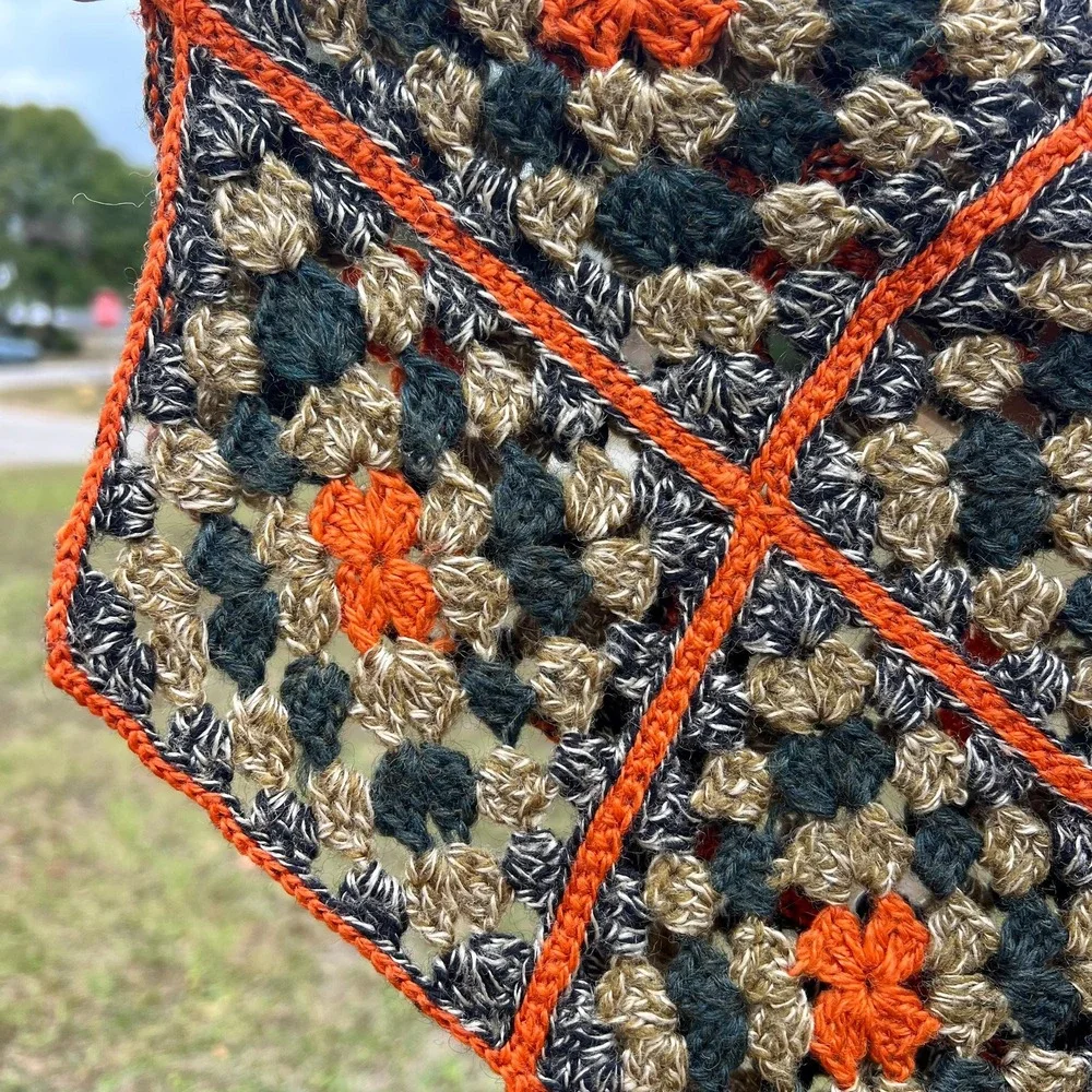 Vintage Crochet Granny Square Afghan Blanket Fall Colors 74x45.5